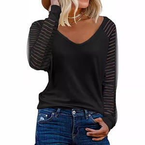 Camiseta de Manga Larga a Rayas con Parches para Mujer, Tallas Grandes, Casual, Transpirable, Antipilling, Venta al por Mayor, Nueva y de Moda - Product Image 3