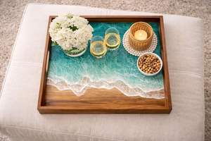 Plateau de service multifonctionnel en bois fait main Sea Breeze, motif Art Déco végétal, pour mariage - Product Image 4