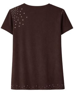 Camiseta de Algodón para Mujer, Color Marrón Oscuro, con Pedrería, Estilo Casual, Manga Corta, Verano, Moda, Logotipo Personalizado, Fabricante OEM, Venta al Por Mayor - Product Image 4