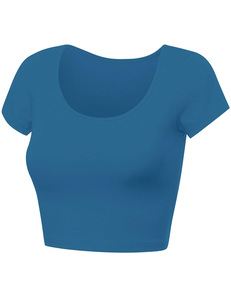 Crop top bleu pour femme de haute qualité, manches courtes, col rond, tricoté, 100% coton, vêtements décontractés d'été, coupe ajustée, respirant, personnalisé - Product Image 3