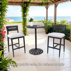 Modernos taburetes de bar de 2 piezas para patio exterior, de aluminio con respaldo ergonómico Sunbrella negro, patas cónicas y reposapiés - Product Image 2