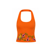 Débardeur pour femme en coton vert olive à motif floral et colibri perlé, style croisé, collection Printemps/Été