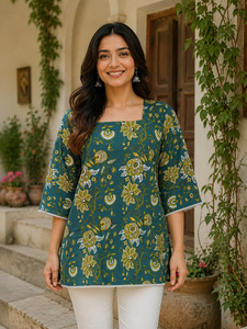 Kurti de Manga Corta con Estampado Floral Natural Dulce, Tejido de Algodón Premium, para Mujer, Jaipur Moda, Túnica Étnica Color Verde Azulado, Ropa Casual de Oficina - Product Image 2
