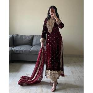 FASHIONABLE VELVET <b>THREAD</b> SEQUENCE WORK TOP BOTTOM WITH DUPATTA MAROON - Product Image 1