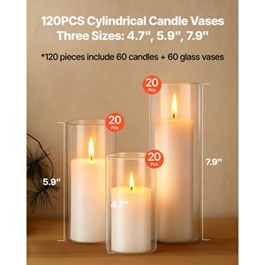 Centrotavola per Matrimoni, Set di 120 Pezzi con Candele a Colonna e Vasi in Vetro, Portacandele Cilindrici Trasparenti per Decorazioni da Tavola - Product Image 2