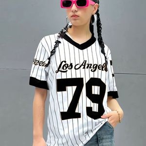 Camiseta de rayas para mujer al por mayor – Camiseta de béisbol con gráfico LA 79 personalizado – Camiseta de manga corta de mezcla de algodón de alta calidad - Product Image 1