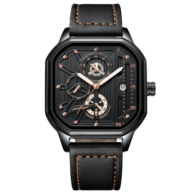Poedagar 628 Stainless Steel Leather Quartz Men Watch Fashion Business Wristwatch with Chronograph Luminous Hands & Calendar