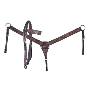 Superventas 100% cuero genuino occidental mano Tooled Headstall & Breast Collar Set fabricante al por mayor proveedor - Product Image 3