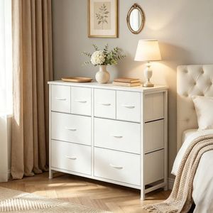 Torre de Almacenamiento de Tela con 8 Cajones, Estructura Metálica y Tapa de Madera, Organizador Blanco para Dormitorio y Sala de Estar - Product Image 1