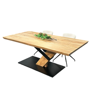 Table de salle à manger et de cuisine unique en bois d'acacia massif avec bord naturel, design grainé, piétement en métal et en bois - Product Image 2