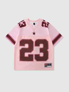 เสื้อยืดแขนสั้นสีชมพู หมายเลข 23 ลายดาว สไตล์ลำลอง ทรงโอเวอร์ไซส์ ผ้าถักน้ำหนัก 200 กรัม โพลีเอสเตอร์/คอตตอน ซักแล้ว - Product Image 1