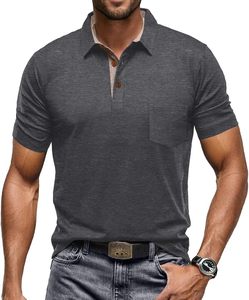 Polo à manches courtes gris foncé pour homme, couleur unie, tricoté, décontracté, avec poche, respirant, coupe classique - Product Image 1