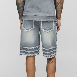 Pantalones Cortos Bermuda de Mezclilla Sólida para Hombre, Cintura Media, Desgastados con Bajo Deshilachado, Estilo Casual con Logo Trasero, 100% Algodón Tejido, Ideales para Verano - Product Image 2