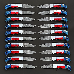 Lot of Damascus Steel Folding <b>Knives</b> American Theme Back <b>Lock</b> EDC Pocket <b>Knives</b> Wholesale Pack with Leather Sheath - Product Image 2