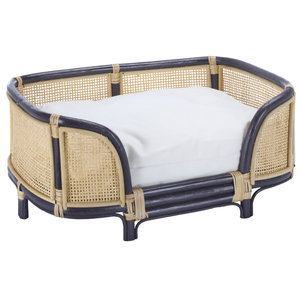Sofá Moderno de Mimbre para Mascotas con Marco de Ratán, Ribete Azul Marino, Cama Rectangular de Mimbre para Perros, Cojín Tipo Tumbona, Venta Directa de Fábrica, Muebles al por Mayor - Product Image 1