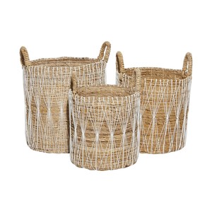 Natural Water Hyacinth Storage Baskets Set of 3 Woven Laundry <b>Hamper</b> with Handle Boho Decorative Toy Organizer Home Organization - Product Image 1