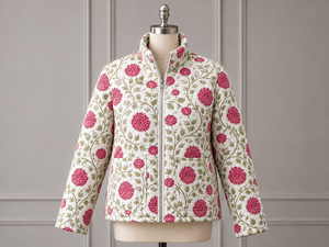 Chaqueta Acolchada de Algodón para Mujer, Estampado Floral, Cierre de Cremallera, Manga Corta, Cuello Alto, Ropa Exterior Informal - Product Image 1