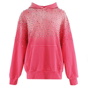 <b>Pink</b> Oversized Hooded <b>Sweatshirt</b> Rhinestone Embellished Fleece Unisex Autumn Wear Regular Sleeve Solid Design - Product Image 3