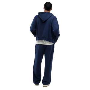 Men's <b>Navy</b> Blue Hooded Tracksuit Full Zipper Loose Fit Solid Color Cotton Casual Wear with Side Pockets Autumn Style - Product Image 2