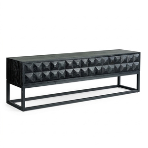 Dice Low TV Cabinet <b>Black</b> Modern Wooden Media <b>Console</b> Entertainment Center Geometric Diamond Pattern Carved Facade Metal Base - Product Image 1