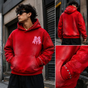 Custom Men's <b>Red</b> Hoodie Oversized Fit Streetwear Rhinestone <b>Hoodies</b> Heavyweight 100% Cotton Hoodie Men FRENCH TERRY Hoodie - Product Image 3