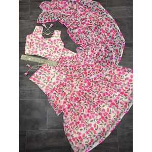 DESIGNER GEORGETTE IMPRESSION NUMÉRIQUE ET TRAVAIL À VOLANTS LEHENGA SAREE BLOUSE AVEC CEINTURE BÉBÉ ROSE - Product Image 5