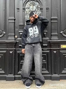 Sweat à capuche unisexe pour homme, imprimé graffiti numéro 99, style streetwear Y2K, coupe oversize, avec poche - Product Image 3