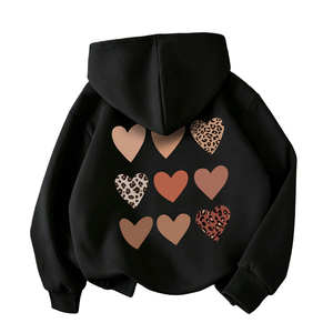 Sweat-shirt à capuche noir pour femme, imprimé cœur léopard, manches longues, tricoté, décontracté, pour l'automne, 100% coton respirant - Product Image 2