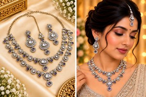 Ensemble collier et boucles d'oreilles en laiton plaqué or Kundan, bijoux de mariage inspirés des perles géométriques pour femmes - Product Image 6