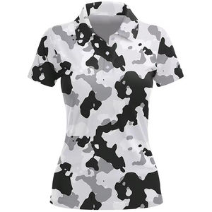 Polo à manches courtes pour femme, noir, blanc, imprimé camouflage, respirant, en polyester tissé, haut décontracté - Product Image 4
