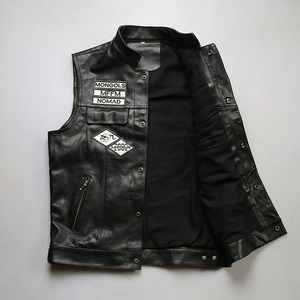 Chaleco de Cuero Genuino para Motociclistas MONGOLS, Chaleco de Cuero Vacuno Negro con Parches Bordados, Chaqueta sin Mangas de Cuero Auténtico - Product Image 3