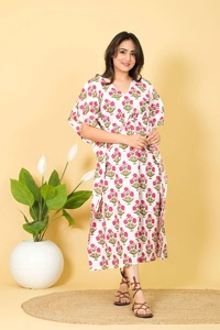 Cotton Kaftan For Women Hand Block Print Relaxed Fit Bohemian Dress Beachwear <b>Maxi</b> Dress - Product Image 1