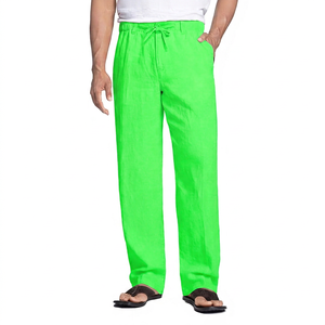 Pantalon décontracté pour homme en lin/coton beige, plissé devant, fermeture à cordon, léger, respirant, pantalon d'été avec poches latérales - Product Image 4