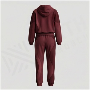 <b>Women</b> <b>Burgundy</b> Hooded Tracksuit Set Full Sleeve Zipper Closure Solid Color Casual Jogger Pants With Side Pockets Autumn Wear - Product Image 2