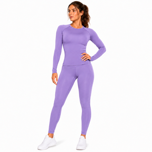Women Solid Purple Yoga Set Long Sleeve Crew Neck Mid Waist <b>Leggings</b> Full Length <b>Seamless</b> Spandex/Nylon Ribbed Thermal - Product Image 1