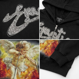 Sweat à capuche zippé noir pour homme, coupe oversize, style streetwear, imprimé ange sur le devant, manches classiques, en molleton bouclette, idéal pour l'automne - Product Image 6