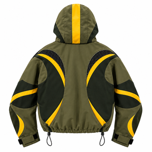 Chaqueta Utilitaria Personalizada con Capucha en Verde Oliva y Negro con Detalles Amarillos, Bolsillos con Cremallera, Puños Ajustables, Estilo Premium para Exteriores - Product Image 2