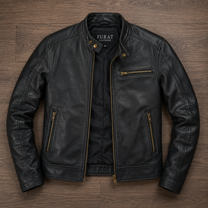 FURAT Men's Black Genuine Leather Winter Breathable <b>Casual</b> Moto <b>Jacket</b> Stand Collar Zipper Closure Regular Fit Solid Color - Product Image 1