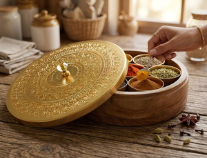 Boîte à épices Masala Dabba avec base en bois, récipient de rangement pour épices indiennes, organisateur de cuisine avec compartiments - Product Image 4