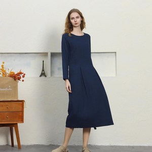 Robe maxi bleu marine premium à col rond et manches longues, style bohème, 100% lin, robe d'été décontractée pour femmes - Product Image 1