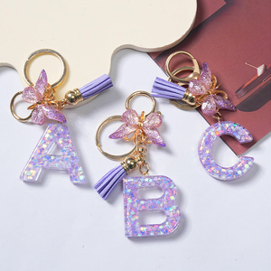 Cross-border 26 Alphabet <b>Initial</b> Letter Colorful Handcrafted Traditional Design Resin Keychain Tassel Butterfly Pendant Key <b>Ring</b> - Product Image 4