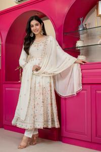 Ensemble Anarkali Sharara brodé blanc crème avec dupatta, fourni directement par l'usine, tenue de mariage indienne traditionnelle pour femmes - Product Image 3