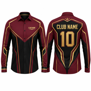 Camisa de Vestir con Cuello Clásico, Estampado por Sublimación, Diseño Pintado a Mano, Color Granate, Negro y Dorado, Transpirable, de Poliéster, Popelina Informal - Product Image 1