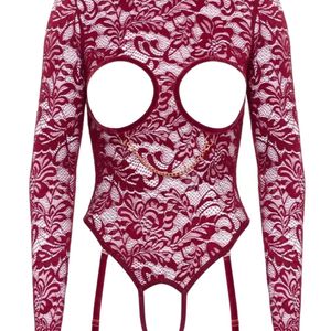 Body en dentelle rouge pour femme avec découpes, lingerie sexy transparente à manches longues, col montant et jarretelles - Product Image 4