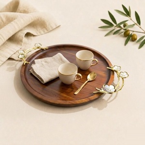 Handmade Mango Wood <b>Round</b> Serving <b>Tray</b> with Luxury Gold Floral Metal Handles Decorative Coffee <b>Table</b> Platter For Home & Festive - Product Image 5