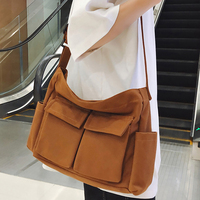 Tas Hobo Kanvas Coklat Kapasitas Besar Multi Saku Kasual Wanita Tas Bahu Belanja Perjalanan Tas Jinjing Harian Unisex Penutup Ritsleting