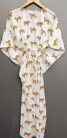 Robe Kaftan Femme 100% Coton Imprimé Floral Animal Col V Robe Cache-Cœur Respirante Séchage Rapide Écologique Fermeture en Dentelle Manches Courtes