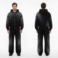 Survêtement en molleton pour homme personnalisé à motif damier en strass, veste à capuche noire et pantalon assorti, design graphique
