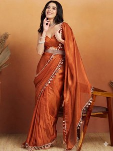 Elegant <b>Orange</b> Silk <b>Saree</b> For Women Floor-Length Wedding Wear India Pakistan Traditional Ethnic Dress All Seasons Regular Fit - Product Image 1