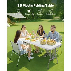 Table pliante portable robuste de 8 pieds, rectangulaire, en plastique, pour intérieur et extérieur, avec poignée intégrée - Product Image 2